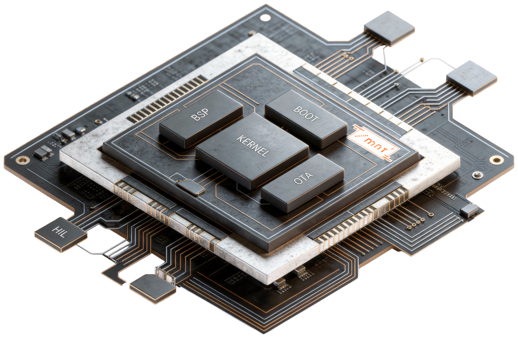 3D rendering of an electronic chip on a circuit board, labeled BSP, Boot, Kernel, OTA, and HIL.